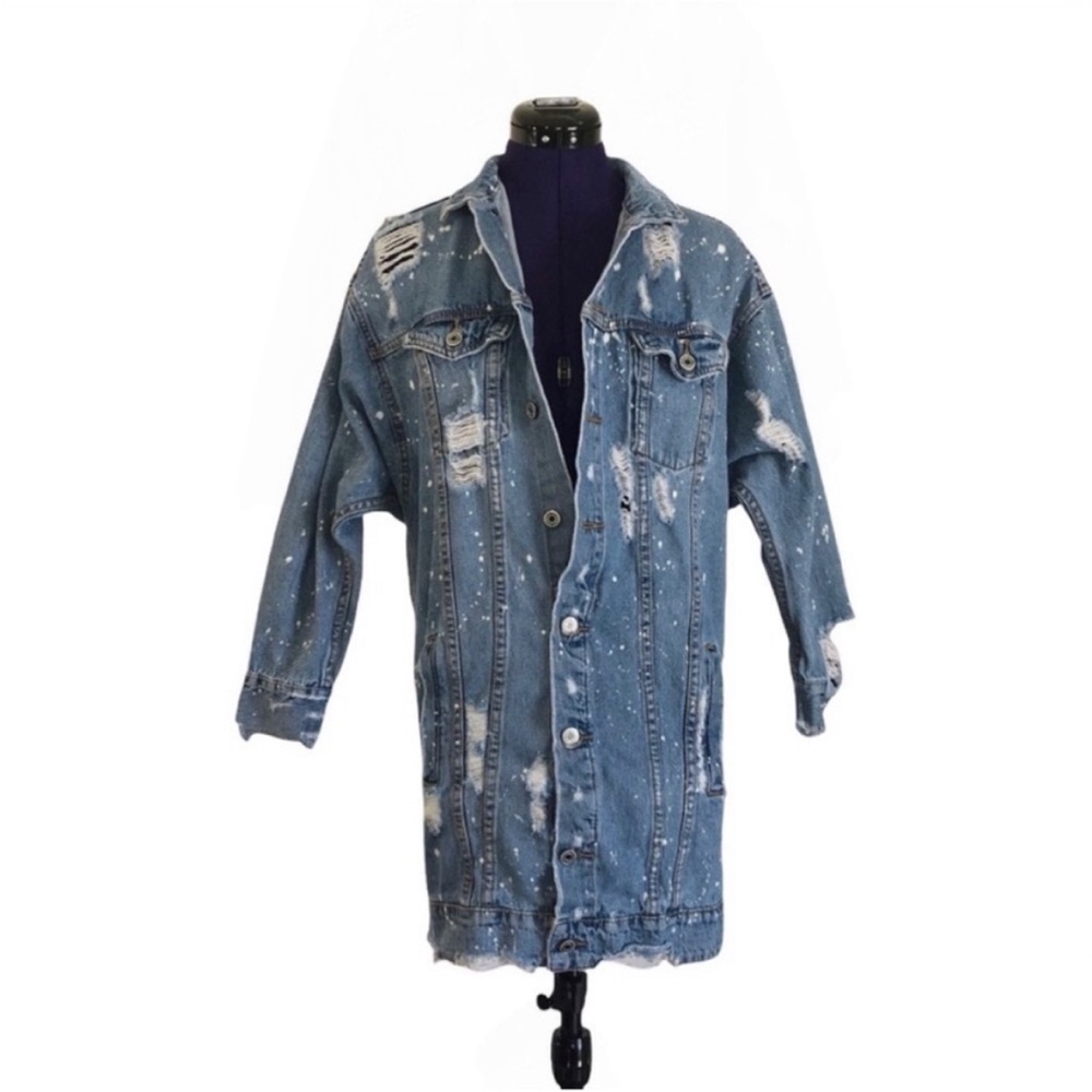 Blue Light Wash Splatter Distressed Denim Jean Jacket
